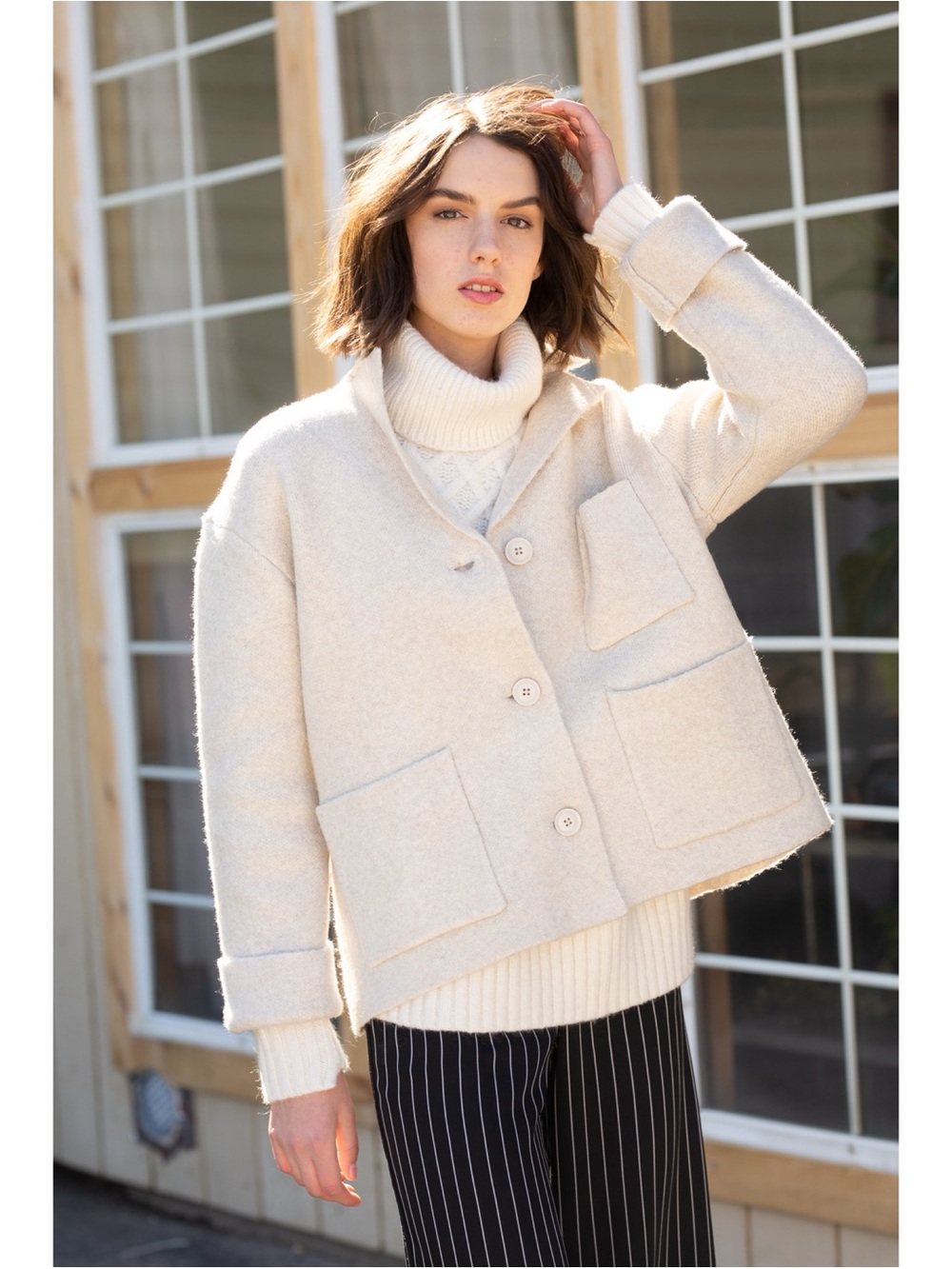 ATM Novelty Blend Sweater Jacket in Oat Sz XS